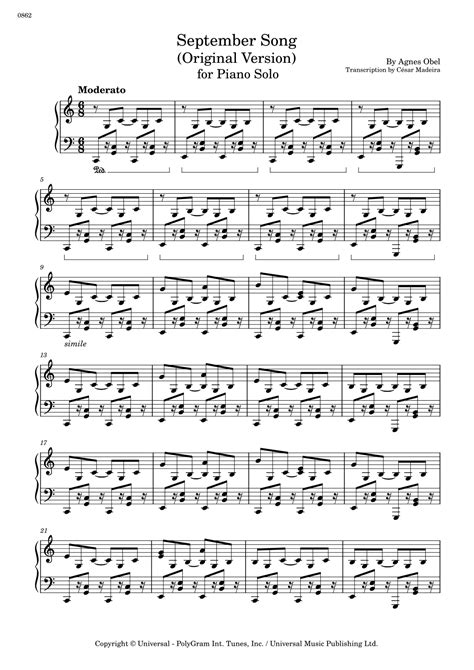 September Song Arr César Madeira By Agnes Obel Sheet Music For Piano