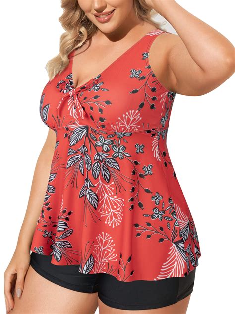 Chama Women S Plus Size Tankini Swimsuits V Neck Flowy Swimwear Two Piece Tummy Control Bathing