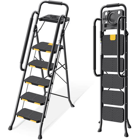 KINGRACK 5 Step Stool Metal Folding Step Ladder With Tool Platform