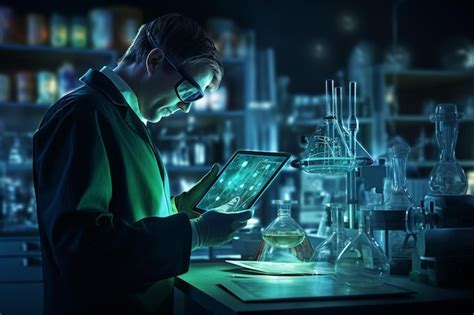 Premium AI Image A Chemistry Lab Man With Tablet In The Laboratory