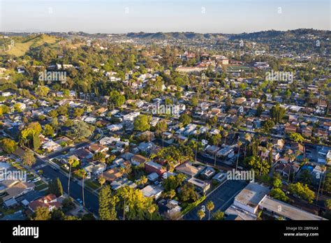 Aerial views above the Eagle Rock neighborhood in northeast Los Angeles ...