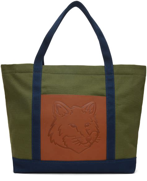 Maison Kitsuné Green Navy Fox Head Tote Maison Kitsune