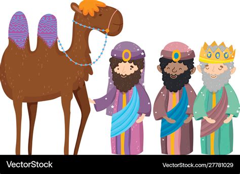 Three Wise Kings And Camel Manger Nativity Merry Vector Image