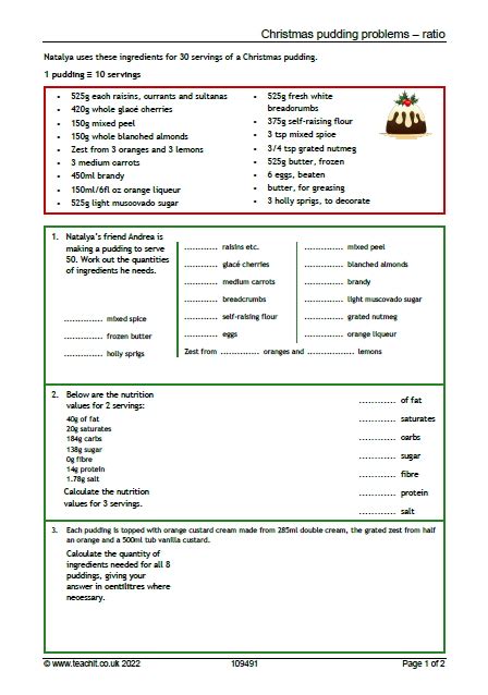 Christmas Pudding Problems Ratio KS3 Teachit