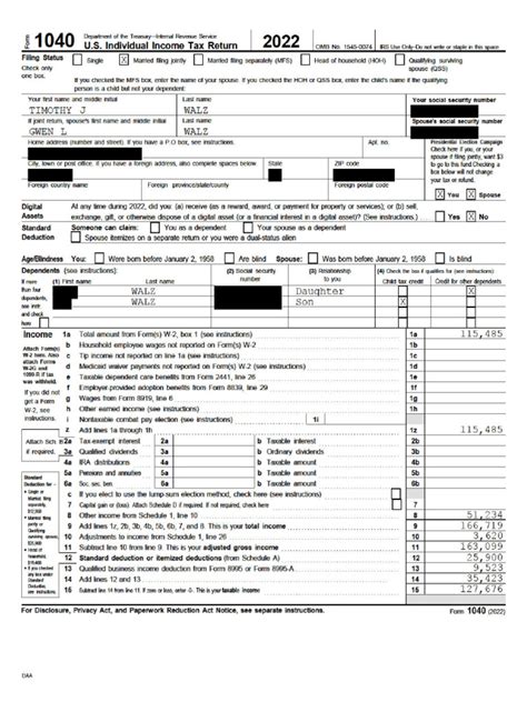 Gov. Walz 2022 Tax Returns_Redacted | PDF | Irs Tax Forms | Social ...