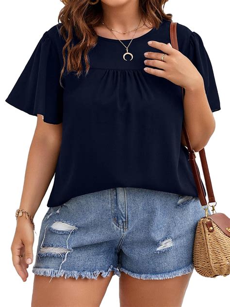 Casual Solid Round Neck Top Short Sleeve Navy Blue Plus Size Blouses