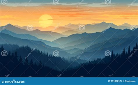 Sublime Wilderness A Hazy Mountains Landscape At Sunset Stock