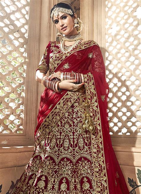 Dark Maroon Velvet Embroidered Heavy Designer Indian Wedding Lehenga