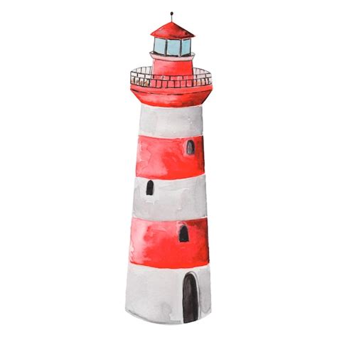 Pintura De Acuarela Dibujada A Mano Faro Rojo Blanco Estilo Scandi