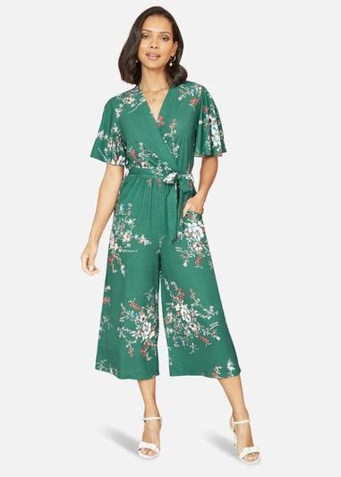 Mela Green Floral Print Jumpsuit With Angel Sleeves Matalan