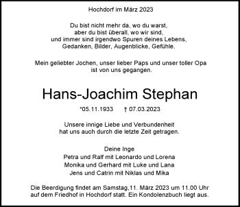 Traueranzeigen von Hans Joachim Stephan Schwarzwälder Bote Trauer