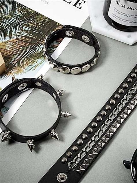 Punk Cuero Pu Pulsera Abierta G Tico Con Mu Equera Con De Metal