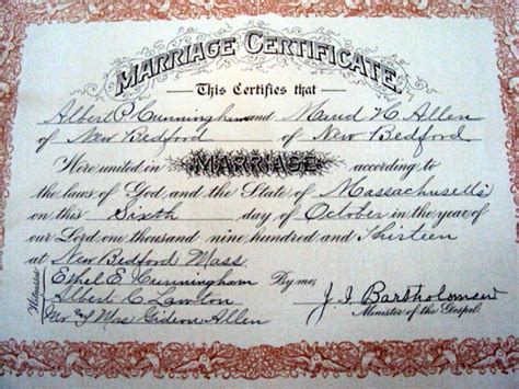 1913 Marriage Certificate Of Albert Preston Cunningham To Maude Hastings Allen In New Bedford