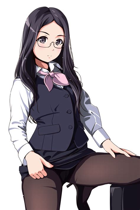 Safebooru 1girl Black Framed Glasses Black Hair Black Legwear Black