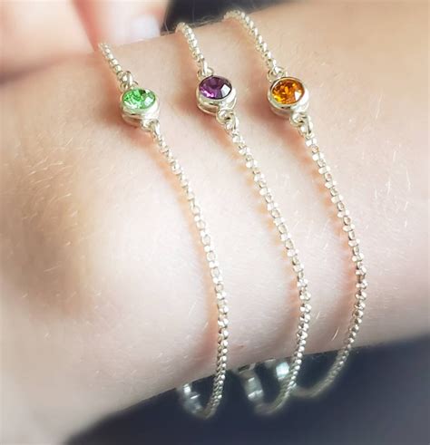 Birthstone Bracelet Sterling Silver Bezel Rolo Chain Etsy