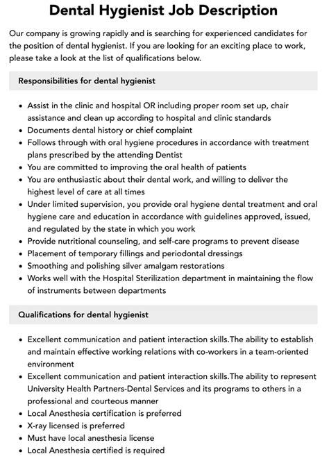 Dental Hygienist Job Description Template