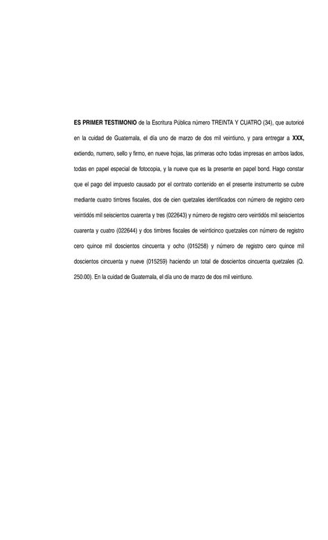 Primer Testimonio ES PRIMER TESTIMONIO de la Escritura Pública número