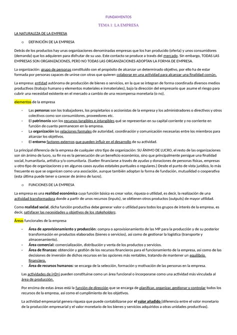 Funadamentos De La Empresa Apuntes Completos Fundamentos Tema La