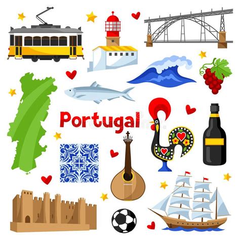 Portugal Icons Set Portuguese National Traditional Symbols And Objects