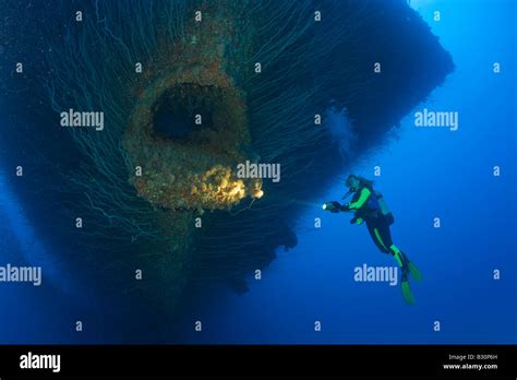 Taucher Am Anker Hawse Loch Am Bug Der USS Saratoga Marshallinseln Bikini Atoll Mikronesien