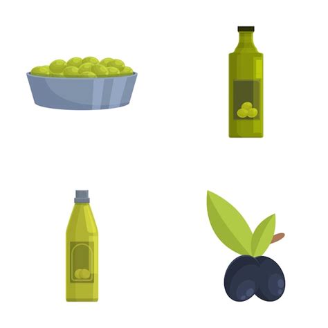 Premium Vector Olive Icons Set Cartoon Vector Olive Oil And Tree