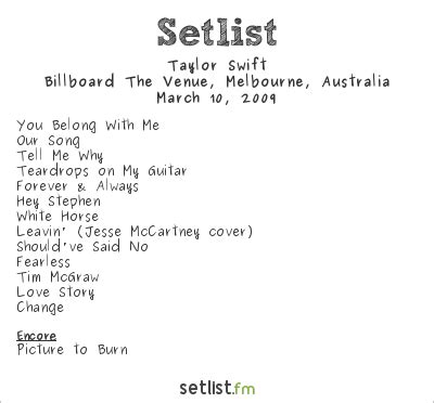 Taylor Swift Setlist Billboard The Venue, Melbourne, Australia 2009 ...