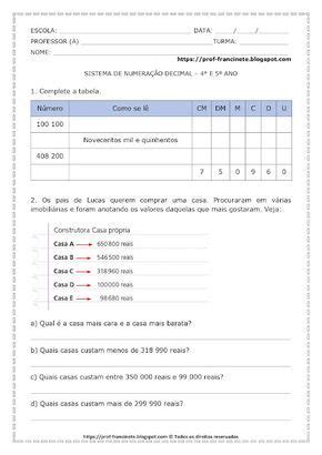 Atividades sobre Sistema de Numeração Decimal 4 e 5º ano Ler