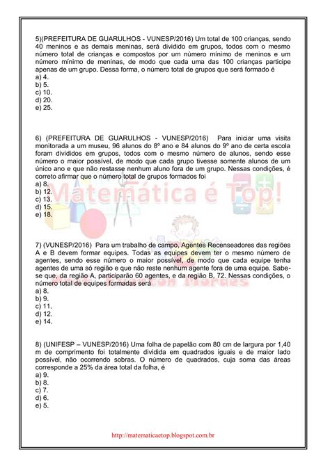 Lista de Exercícios Máximo Divisor Comum mdc PDF