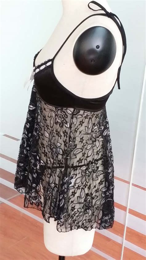 Plus Size Sexy Black Spaghetti Straps Floral Pattern Babydoll Lingerie N10819