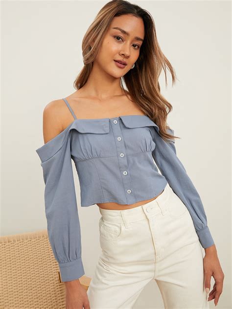 Off Shoulder Long Sleeve Blouse Blue Pomelo Fashion