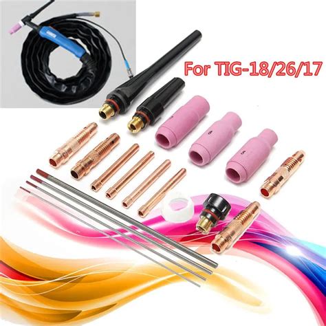 19pcs Tig Welding Torch Nozzle Cups Collets Body Kit With Tungsten Electrodes For Welding Torch