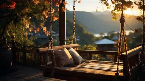 Premium Photo Old Wooden Terrace With Wicker Swing Hang On The Tree