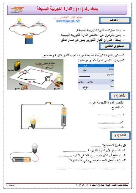 ورقة عمل في الوحدة الثانية الدرس الثاني الدارة الكهربية البسيطة في