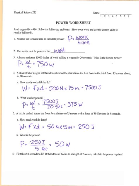 Calculating Power Worksheet 2 Answers Pdf