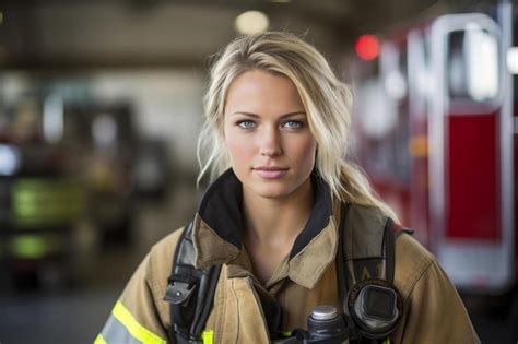 Premium Photo A Female Firefighter Wearing A Fire Fighter Uniform