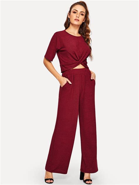 Solid Twist Front Top With Pants Twist Front Top Two Piece Outfit