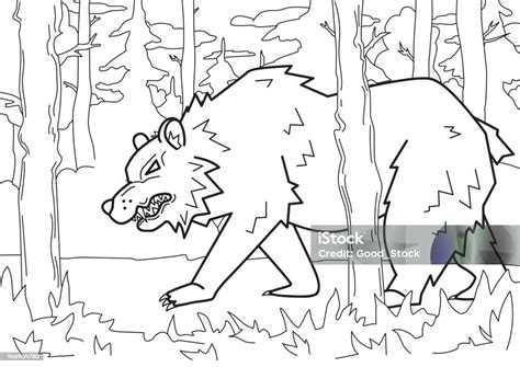 Angry Bear Walking Through The Forest Contour Vector Illustration For