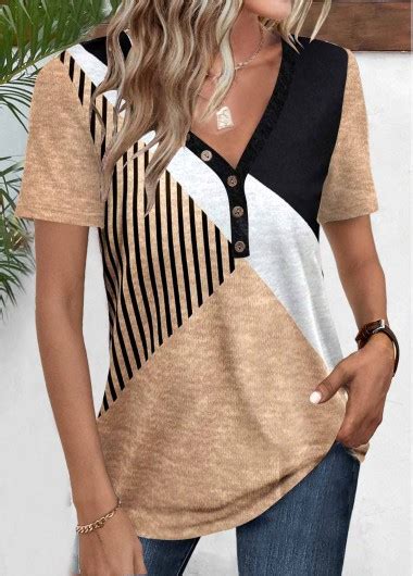 Rotita Patchwork Geometric Print Light Camel V Neck T Shirt Rotita