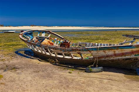 Beautiful View Of A Wrecked Boat In The Mediterranean Bay On The Island