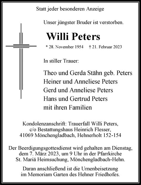 Alle Traueranzeigen F R Willi Peters Trauer Rp Online De