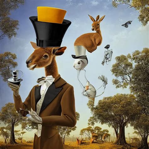 Kangaroo Wearing A Top Hat Surrealist Painting By Stable Diffusion