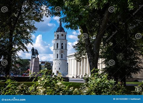 Bell Tower Of Vilnius Cathedral And King Gediminas Monument On The