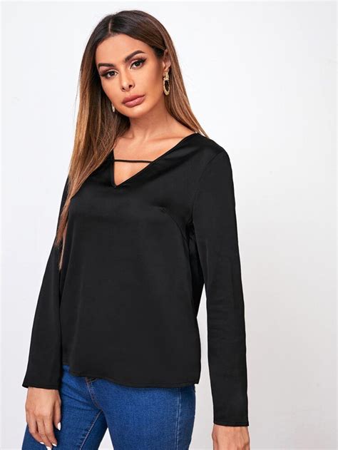 Solid Keyhole Neck Top Shein Usa