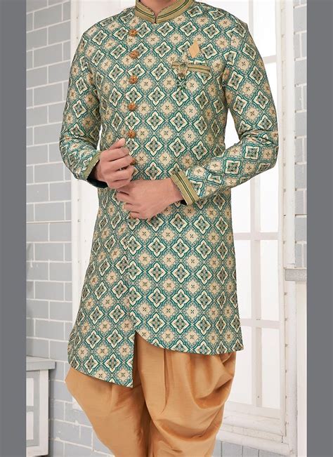 Shop Green Art Silk Jacquard Indowestern Sherwani Party Wear Online At