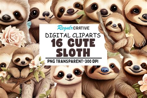 Watercolor Cute Sloth Clipart Bundle Graphic By Regulrcrative