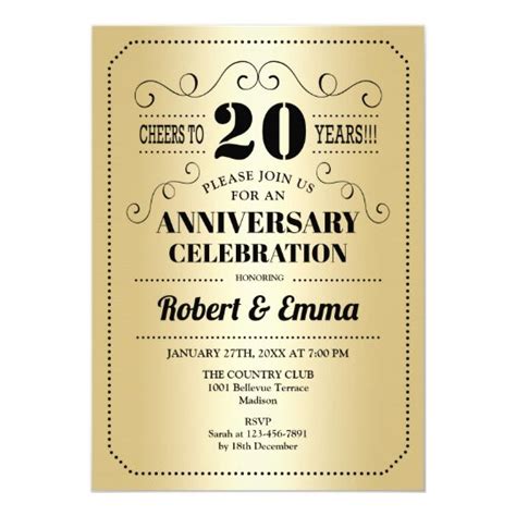 20th Wedding Anniversary Party Gold Black Invitation