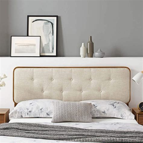 Unique Wood Bed Upholstered Headboard Cream Beige Upholstery Button