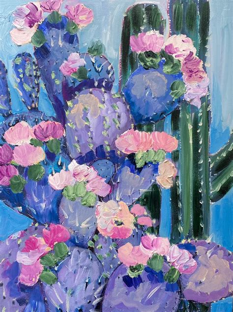 Cacti Blooming Original Oil Painting On Canvas Cardboard Etsy