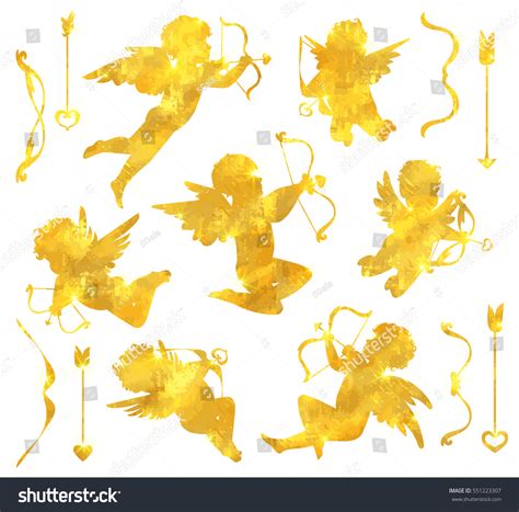 Gold Cupids Silhouette Set Amour Angels Stock Vector Royalty Free