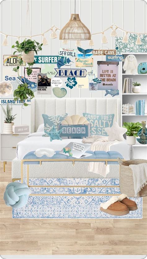 A Bedroom With Blue And White Decor On The Walls Bedding And Rugs